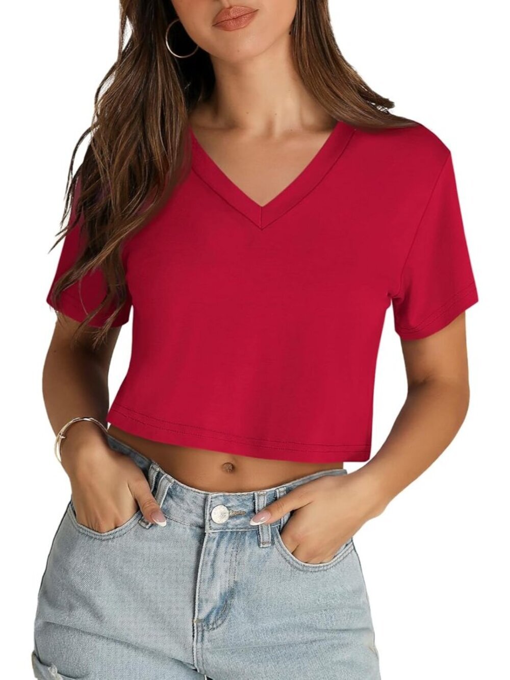 Women's Red Casual Summer Short Sleeve Tees V Neck Pull On Crop Tops